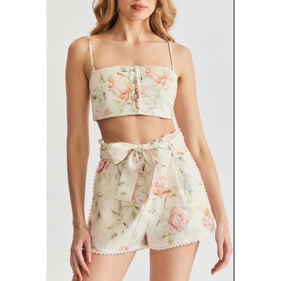 Caroline Constas Floral Linen Crochet Belted Summer 2 Piece Suit‎ Shorts Top - Picture 1 of 11